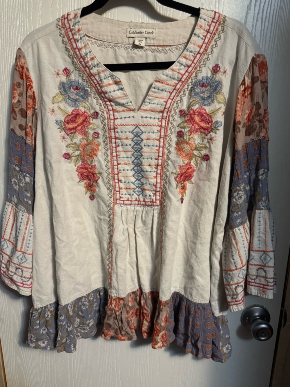 Coldwater Creek Cream Embroidered Peasant Blouse with Blue & Coral Accents